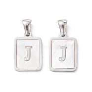304 Stainless Steel Pave Shell Pendants, Rectangle Charm, Stainless Steel Color, Letter J, 17.5x12x1.5mm, Hole: 3x5mm(STAS-G327-01P-J)