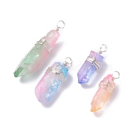 Electroplate Natural Quartz Crystal Pendants, with Copper Wire Wrapped, Two Tone, Dyed, Nuggets, Silver, 34.5~53.5x11~15.5x10.5~13.5mm, Hole: 4.2~5mm(PALLOY-JF01268-02)