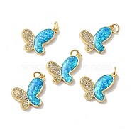 Rack Plating Brass Micro Pave Cubic Zirconia with Synthetic Opal Pendants, with Jump Ring, Lead Free & Cadmium Free, Long-Lasting Plated, Butterfly, Real 18K Gold Plated, 14x19.5x3.4mm(KK-D088-07G)