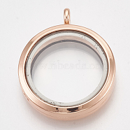 Alloy Magnetic Locket Pendants, with Glass, Flat Round, Rose Gold, 37x30x7mm, Hole: 3.5mm, Inner diameter: 23mm(PALLOY-T052-22RG)