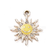 Alloy Enamel Pendants, with Crystal Rhinestone, Smiling Sun Charms, Golden, Yellow, 22.5x19.5x2.5mm, Hole: 2mm(ENAM-P245-01G-02)