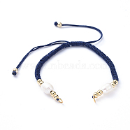 Braided Nylon Cord for DIY Bracelet Making, with Natural Freshwater Pearl & Brass Findings, Golden, Midnight Blue, 6-7/8 inch(17.5cm), 4mm(X-AJEW-JB00540-04)