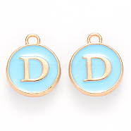 Golden Plated Alloy Enamel Charms, Cadmium Free & Lead Free, Enamelled Sequins, Flat Round with Letter, Sky Blue, Letter.D, 14x12x2mm, Hole: 1.5mm(X-ENAM-S118-04D)
