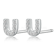 Rhodium Plated 925 Sterling Silver Initial Letter Stud Earrings, with Cubic Zirconia, Platinum, Letter U, 5x5mm(HI8885-21)