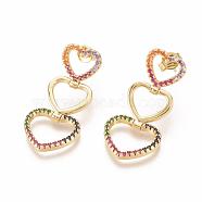 Brass Micro Pave Cubic Zirconia Dangle Stud Earrings, Long-Lasting Plated, with Ear Nuts, Heart, Real 18K Gold Plated, Colorful, 30x14.5x2.3mm, Pin: 0.7mm(EJEW-L224-50A-G)