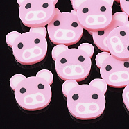 Handmade Polymer Clay Cabochons, Cartoon Piggy Head, Pink, 10~11x11~12x1.5~2mm(X-CLAY-S091-022)
