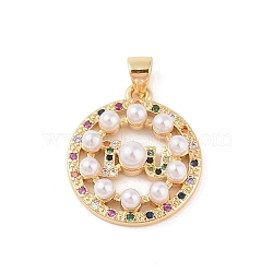 Brass Micro Pave Colorful Cubic Zirconia Pendants, with ABS Plastic Beads, Real 18K Gold Plated, Flat Round, 21.5x19x5.5mm, Hole: 4x3.5mm(KK-E111-34C-G)