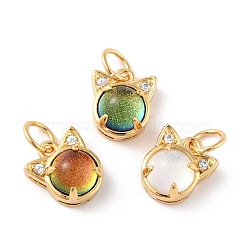 Brass Cubic Zirconia Charms, with Glitter Powder Glass & Jump Ring, Long-Lasting Plated, Lead Free & Cadmium Free, Cat, Real 18K Gold Plated, Mixed Color, 9.5x8.5x5.5mm, Jump Ring: 5x0.7mm, Inner Diameter: 3.6mm(ZIRC-H122-05G)