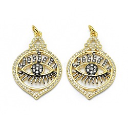 Brass Micro Pave Clear Cubic Zirconia Pendants, Long-Lasting Plated, with Jump Ring, Eyes, Real 18K Gold Plated, 30.5x20x3.5mm, Hole: 3mm, Jump rings: 5x0.7mm(KK-M207-B02-01G)