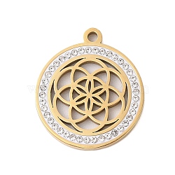 Preserved Fresh Flower 304 Stainless Steel Rhinestone Pendants, Flat Round, Real 18K Gold Plated, 25x21x2mm, Hole: 2mm(STAS-S139-01G-01)