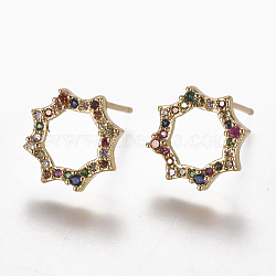 Brass Micro Pave Cubic Zirconia Studs Earrings, Flower, Colorful, 12x3mm, Pin: 0.7mm(EJEW-K078-15)