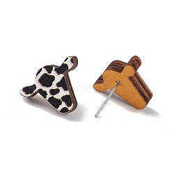 Natural Wood Stud Earrings, 316 Stainless Steel Jewelry for Women, Cow Pattern, 14x17.5mm, Pin: 0.6mm(EJEW-C013-01D)