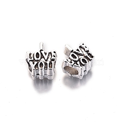 Tibetan Style Alloy European Beads, Large Hole Beads, for Valentine's Day, Cadmium Free & Lead Free, Word I Love You, Antique Silver, 11x11x8mm, Hole: 4.5mm, about 500pcs/1000g(TIBE-S314-85AS-RS)