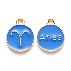 Alloy Enamel Pendants, Cadmium Free & Lead Free, Flat Round with Constellation, Light Gold, Dodger Blue, Aries, 22x18x2mm, Hole: 1.5mm(ENAM-S124-01A-02A)