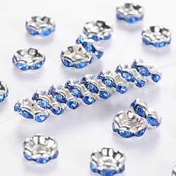 Brass Rhinestone Spacer Beads, Grade A, Rondelle, Silver Color Plated, Sky Blue, about 6mm in diameter, hole: about 1mm(RSB04C08)