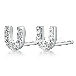 Anti-Tarnish Rhodium Plated 925 Sterling Silver Initial Letter Stud Earrings, with Cubic Zirconia, Platinum, Letter U, 5x5mm(HI8885-21)