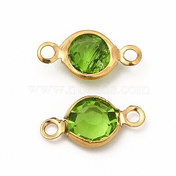 Ion Plating(IP) 304 Stainless Steel with Glass Connector Charms, Flat Round Links, Real 18K Gold Plated, Yellow Green, 12.5x7x2mm, Hole: 1.5mm(STAS-G305-08G-01)