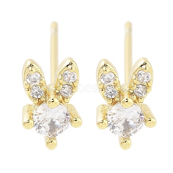 Brass Pave Clear Cubic Zirconia Stud Earring, Rabbit, Real 18K Gold Plated, 7x4.5mm(EJEW-S217-G02)