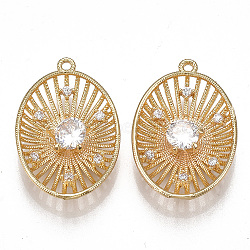 Brass Filigree Pendants, Nickel Free, Real 18K Gold Plated, with Cubic Zirconia, Oval, Clear, 23~24x16x4mm, Hole: 1.2mm(X-KK-T038-348G)