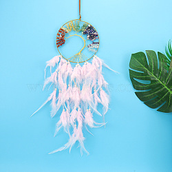 Tree of Life Wrapped Natural & Synthetic Mixed Stone Chips Woven Web/Net with Feather Decorations, for Home Bedroom Hanging Decorations, Pearl Pink, 600x160mm(PW-WG91800-06)