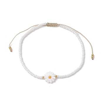 Flower Natural Shell & Glass Seed Braided Bead Bracelets, Adjustable Nylon Bracelet, White, Inner Diameter: 2-1/8~3-1/8 inch(5.5~8cm)