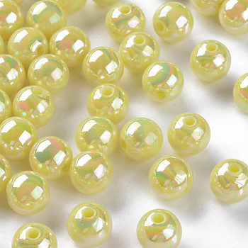 Opaque Acrylic Beads, AB Color Plated, Round, Yellow, 10x9mm, Hole: 2mm, about 940pcs/500g