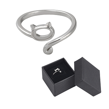 Anti-Tarnish Nbeads 1Pc Rhodium Plated 925 Sterling Silver Open Cuff Ring Findings, Bezel Cup Ring Settings, Cat, with 1Pc Jewelry Gift Boxes, Platinum, US Size 6(16.5mm), Tray: 5x2.5mm