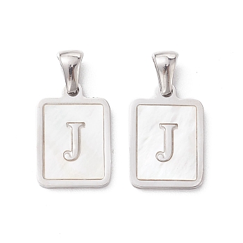 304 Stainless Steel Pave Shell Pendants, Rectangle Charm, Stainless Steel Color, Letter J, 17.5x12x1.5mm, Hole: 3x5mm