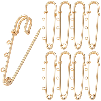 10Pcs Brass Brooch Findings, Kilt Pins, with 3 Loops, Nickel Free, Real 18K Gold Plated, 50x15x5mm, Hole: 2mm, pin: 1.5mm