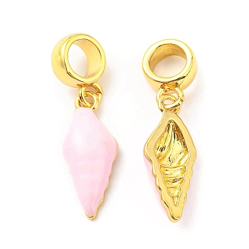Brass Enamel European Dangle Charms, Large Hole Pendants, Lead Free & Cadmium Free, Real 18K Gold Plated, Conch Charm, Pink, 27mm, Hole: 5mm