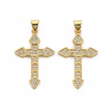 Brass Micro Pave Cubic Zirconia Pendants, Nickel Free, Cross, Real 16K Gold Plated, 30x19x2mm, Hole: 3x5mm