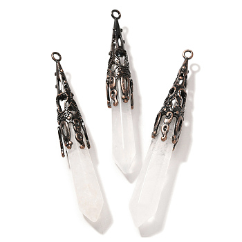 Natural Quartz Crystal Pointed Big Pendants, Faceted Bullet Charms with Brass Findings, Red Copper, Cadmium Free & Lead Free, 77~84x12mm, Hole: 2.5mm