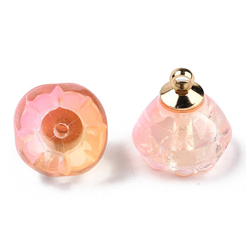 Transparent Spray Painted Glass Charms, with Light Gold Plated Brass Findings, Two Tone, Flower, Pink, 14x13x13mm, Hole: 2mm