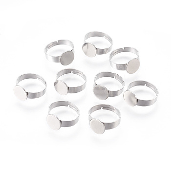 Adjustable 304 Stainless Steel Finger Rings Components, Pad Ring Base Findings, Flat Round, Stainless Steel Color, Tray: 8mm, 17mm
