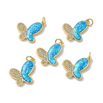 Rack Plating Brass Micro Pave Cubic Zirconia with Synthetic Opal Pendants, with Jump Ring, Lead Free & Cadmium Free, Long-Lasting Plated, Butterfly, Real 18K Gold Plated, 14x19.5x3.4mm