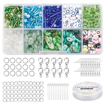 Natural Stone Chip Beads DIY Jewelry Set Making Kit, Including Natural Green Aventurine & Quartz Crystal & Acrylic & Glass Seed & Shell Beads, Iron Earring Hooks & Jump Rings & Pin & End Chain, Alloy Clasps, Elastic Thread, Green, Beads: 107.5g/set
