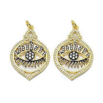 Brass Micro Pave Clear Cubic Zirconia Pendants, Long-Lasting Plated, with Jump Ring, Eyes, Real 18K Gold Plated, 30.5x20x3.5mm, Hole: 3mm, Jump rings: 5x0.7mm