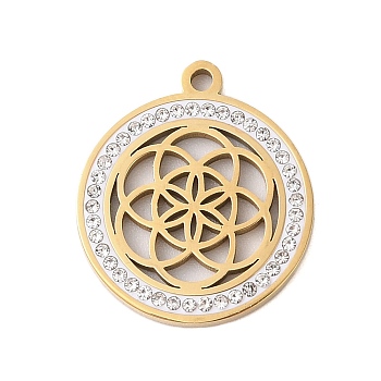 Preserved Fresh Flower 304 Stainless Steel Rhinestone Pendants, Flat Round, Real 18K Gold Plated, 25x21x2mm, Hole: 2mm