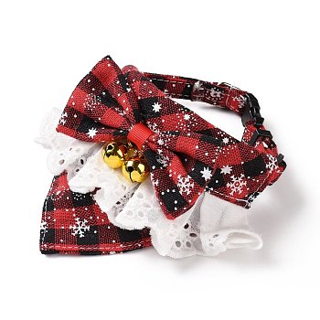 Cloth Pet's Christmas Bowknot Collar, Xmas Kitten Puppy Tartan Pattern Bow Ties, with Side Release Buckle, Brass Bells & Findings, FireBrick, 280mm