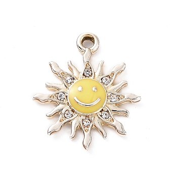 Alloy Enamel Pendants, with Crystal Rhinestone, Smiling Sun Charms, Golden, Yellow, 22.5x19.5x2.5mm, Hole: 2mm