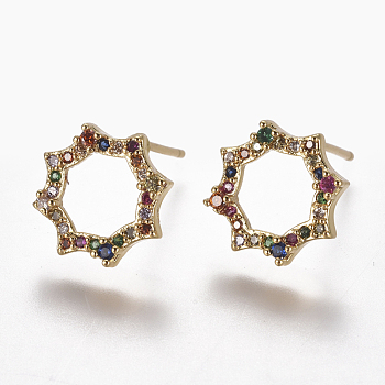 Brass Micro Pave Cubic Zirconia Studs Earrings, Flower, Colorful, 12x3mm, Pin: 0.7mm
