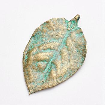 Tibetan Style Alloy Pendants, Leaf, Antique Bronze & Green Patina, 77x46x3mm, Hole: 4mm