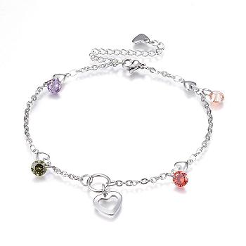 304 Stainless Steel Charm Bracelets, with Glass Rhinestone and Lobster Claw Clasps, Stainless Steel Color, 8-1/4 inch(210mm)x2.5mm