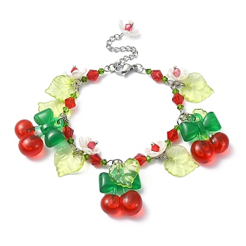Glass & Resin & Acrylic Flower Charm Bracelet, 304 Stainless Steel Jewelry, Cherry, 7-1/4 inch(18.5cm)