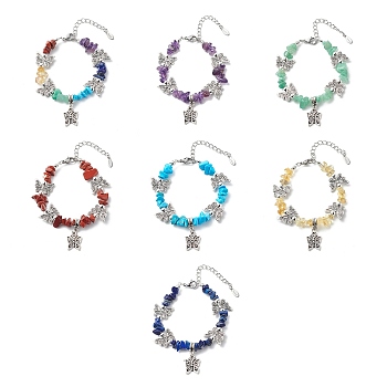 7Pcs 7 Style Alloy Butterfly Charm Bracelets Set, Natural Mixed Gemstone Chips Beaded Stackable Bracelets for Women, 6-7/8 inch(17.6cm), 1Pc/style