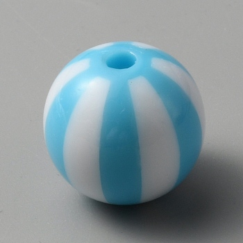 Opaque Acrylic Striped Beads, Round, Sky Blue, 15.5x15mm, Hole: 3mm