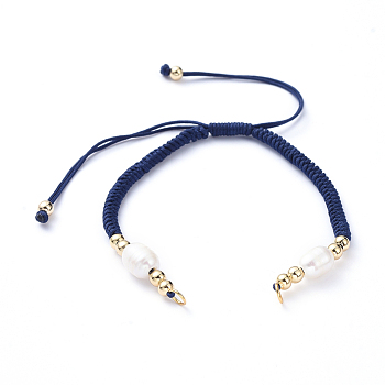 Braided Nylon Cord for DIY Bracelet Making, with Natural Freshwater Pearl & Brass Findings, Golden, Midnight Blue, 6-7/8 inch(17.5cm), 4mm