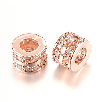 Brass Micro Pave Cubic Zirconia European Beads, Large Hole Beads, Column, Rose Gold, 9x6mm, Hole: 4.5mm