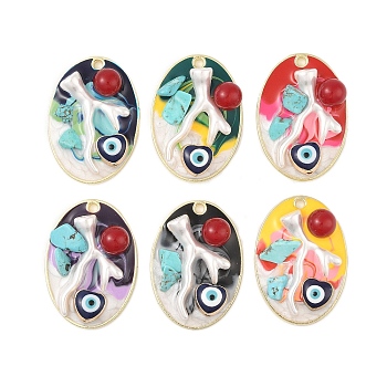 Rack Plating Alloy Enamel Pendants, with Resin & ABS Imitation Pearl Beads & Synthetic Turquoise, Cadmium Free & Nickel Free & Lead Free, Golden, Oval with Heart & Evil Eye, Mixed Color, 35x25x8.5mm, Hole: 1.9mm