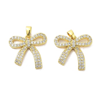 Rack Plating Brass Micro Pave Clear Cubic Zirconia Pendants, Long-Lasting Plated, Cadmium Free & Lead Free, Bowknot, Real 18K Gold Plated, 19.5x20x3mm, Hole: 5x2.5mm